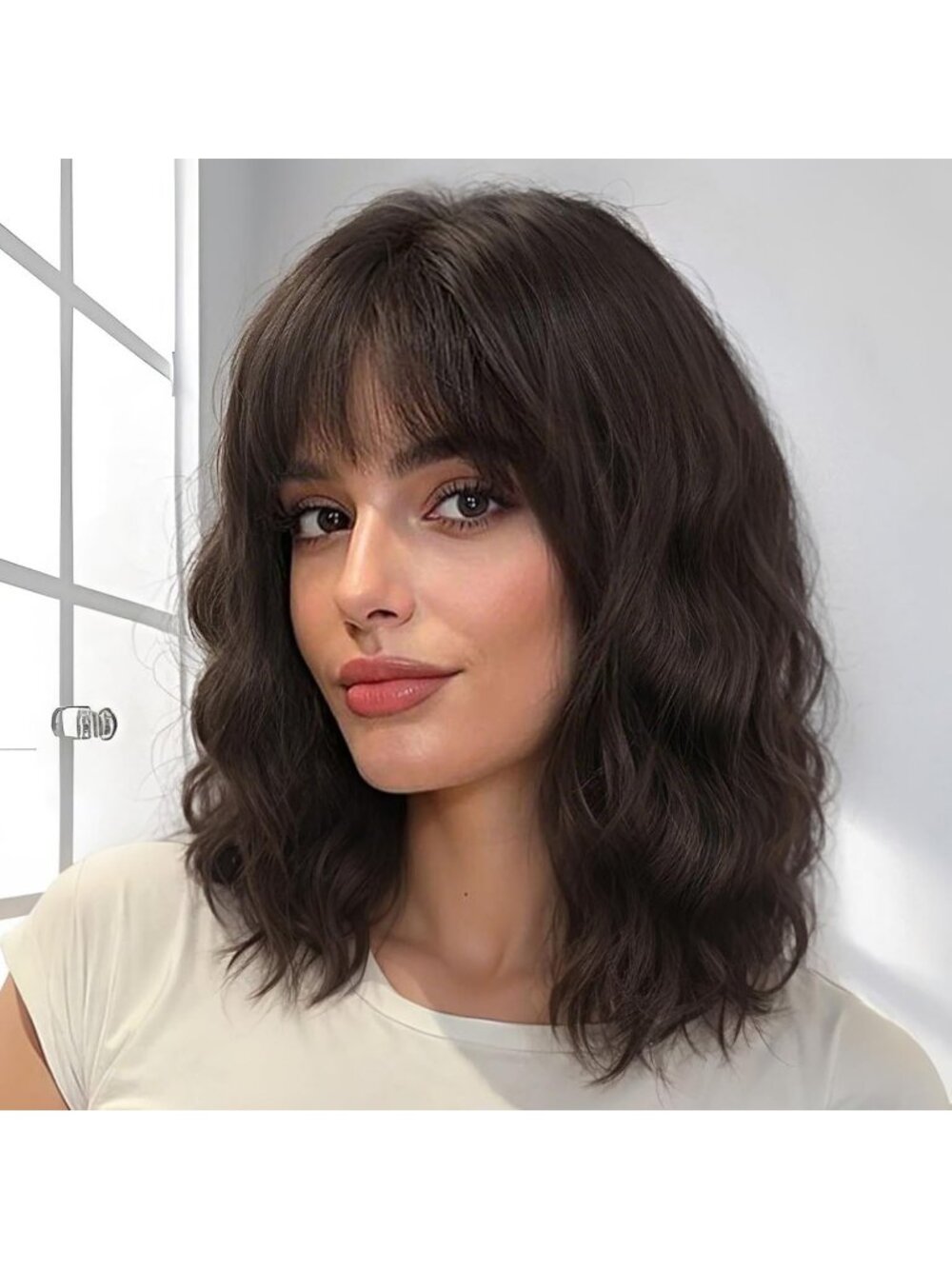 Women's Soft brown wavy Short Shoulder Curly with Bangs 16 Inch Synthetic Wig